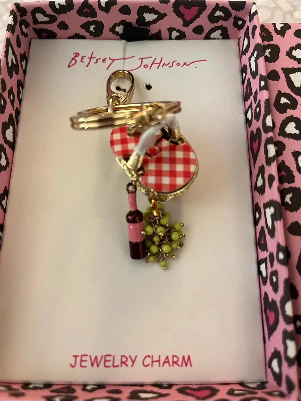Betsey Johnson Pink Leopard Gift Boxed Picnic Basket  Bag Charm
